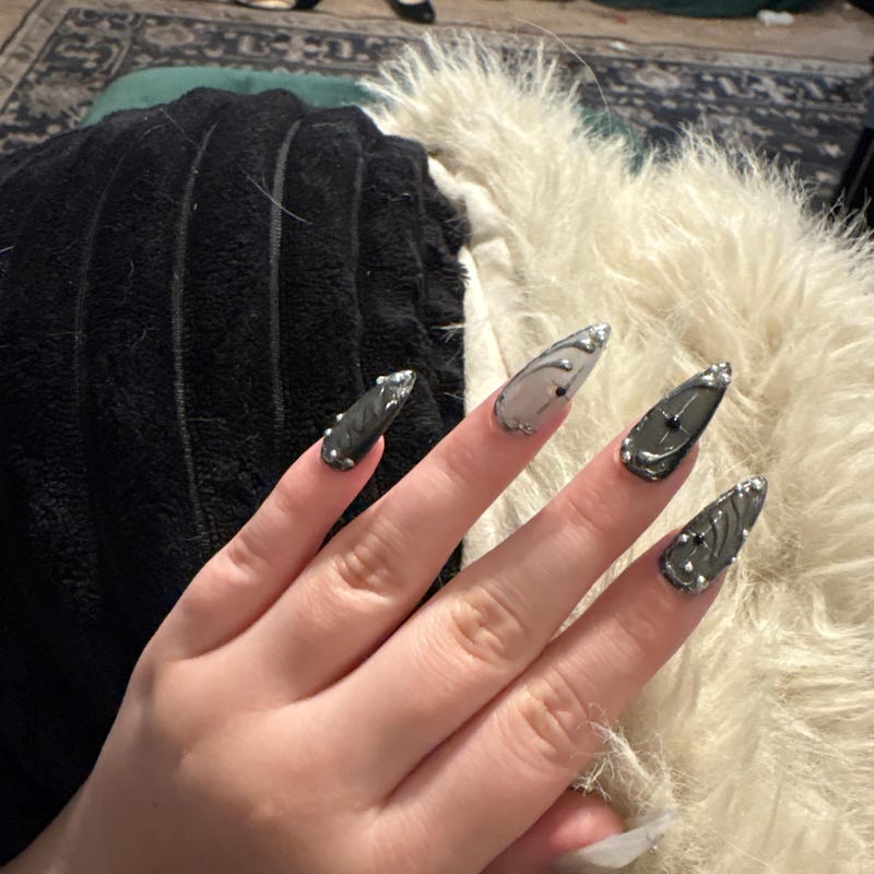 Luxury Black & Silver Chrome Press-On Nails – Gothic Glam Rhinestone Nail Set | Almond Shape Handmade Fake Nails | Reusable Statement Nails