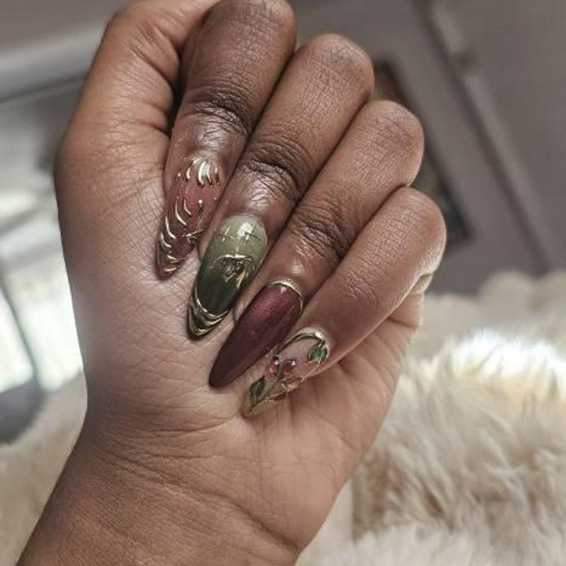 Vintage Botanical Burgundy Press-On Nails – Luxury Floral Gold Embossed Nail Art Set