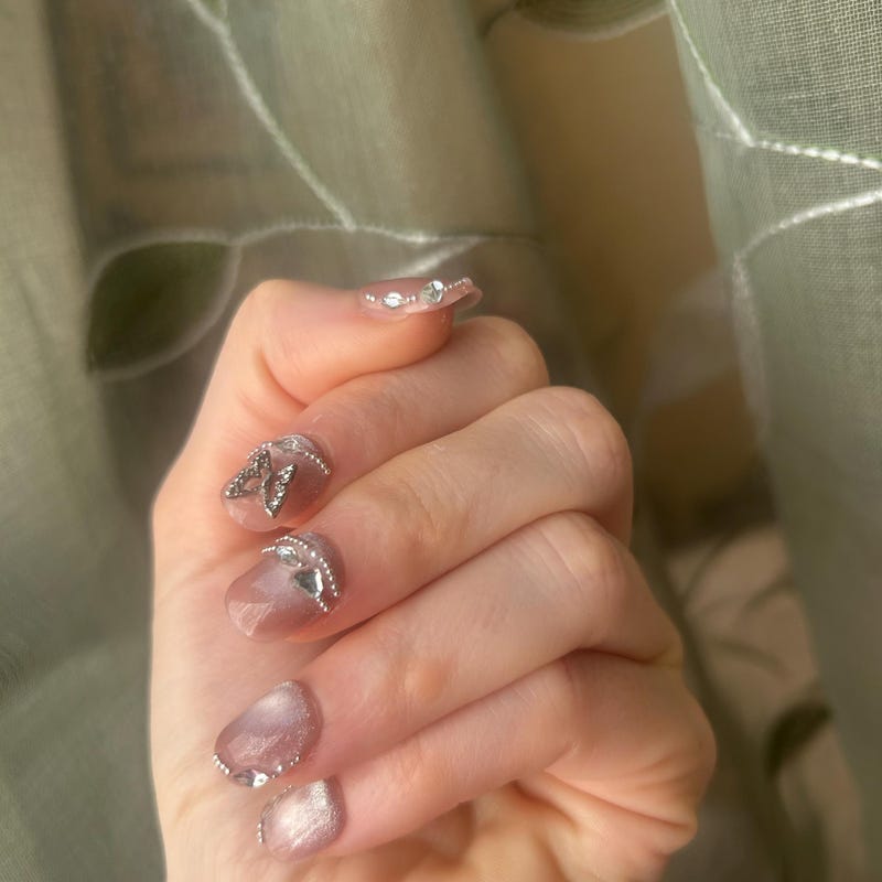 Luxury Nude Glitter Press-On Nails – Handmade Butterfly Rhinestone Nail Set | Elegant Reusable False Nails