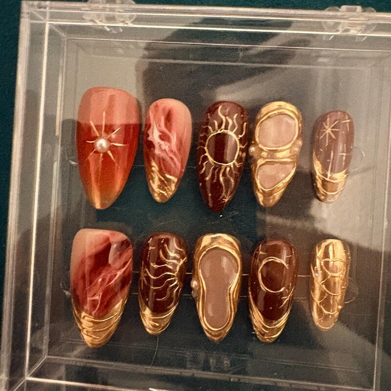 Celestial Burgundy & Gold Press-On Nails – Luxury Sun, Moon & Star Nail Art Set