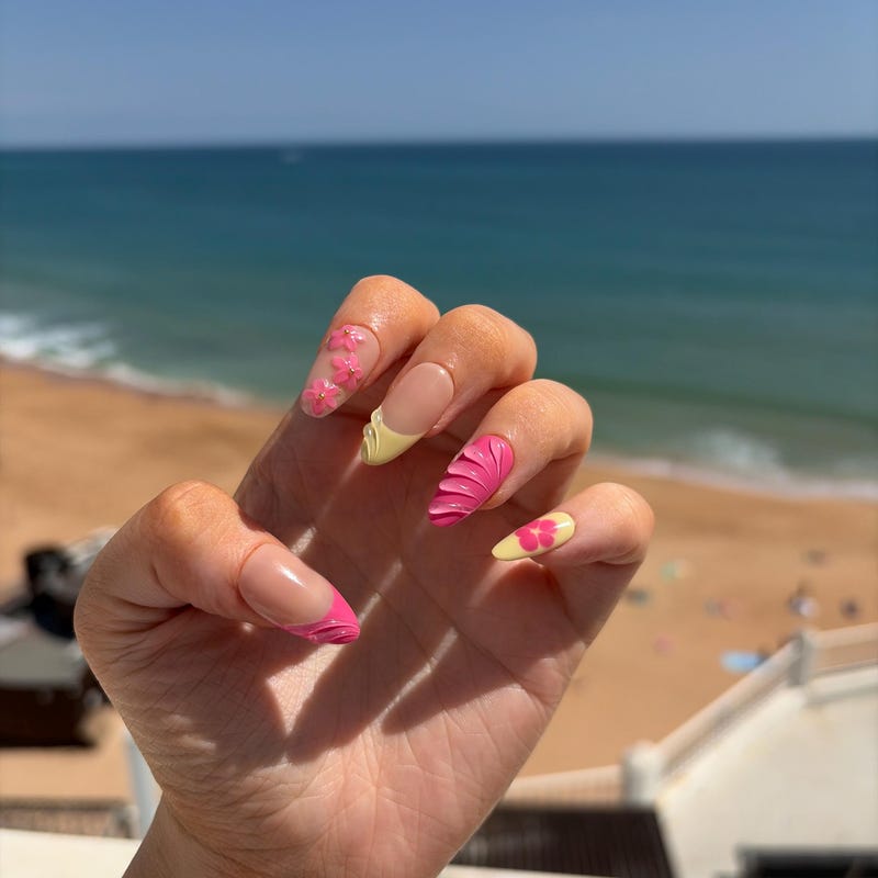 Tropical Pink Hibiscus Press-On Nails | Summer Floral Nail Art Set | Handmade Pink & Yellow Vacation Nails