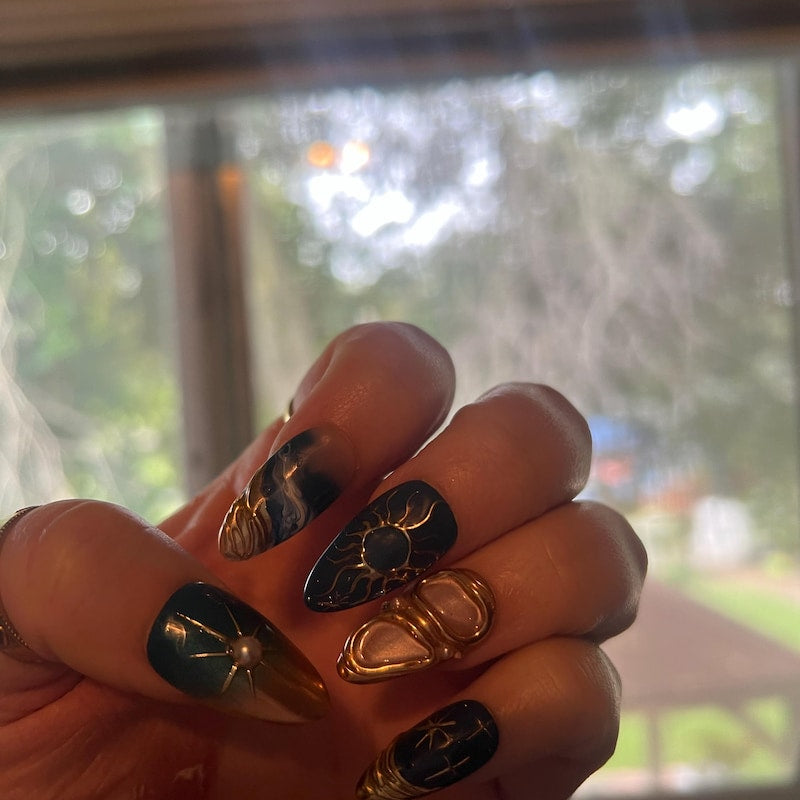 Celestial Burgundy & Gold Press-On Nails – Luxury Sun, Moon & Star Nail Art Set