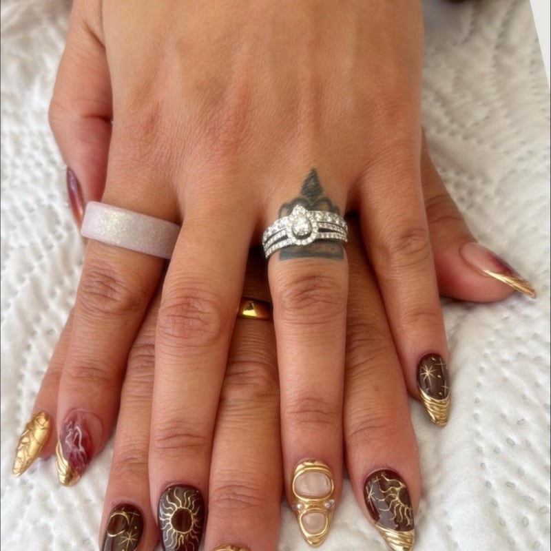 Celestial Burgundy & Gold Press-On Nails – Luxury Sun, Moon & Star Nail Art Set