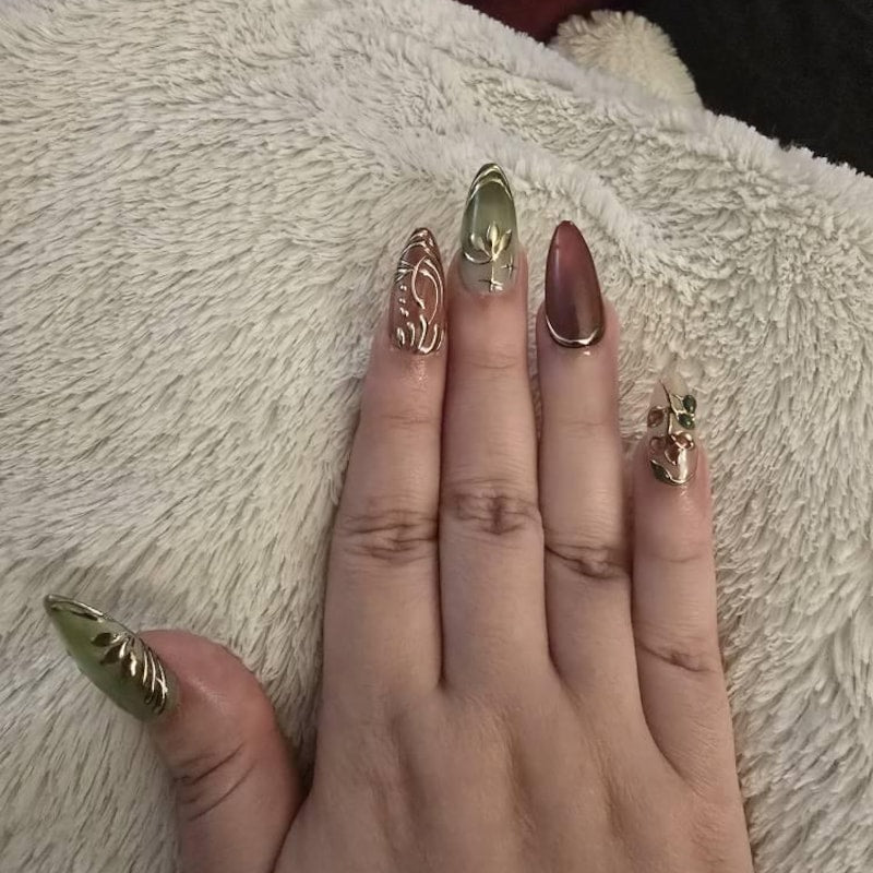 Burgundy & Olive Green Press-On Nails – Vintage Floral Gold Chrome Nail Set | Luxury Almond Fake Nails | Handmade Reusable Nail Art