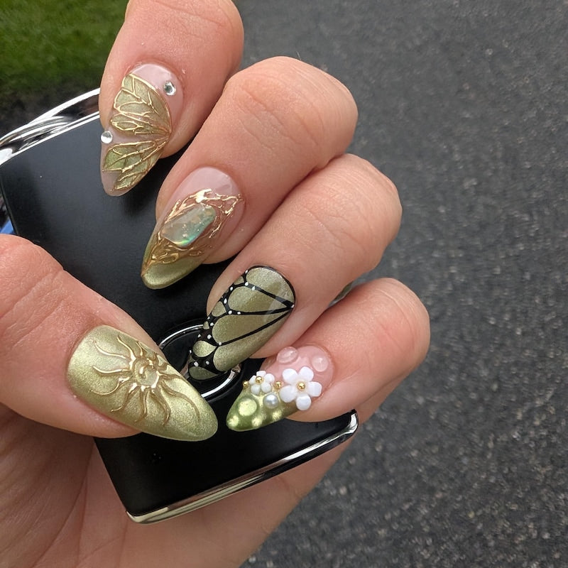 Luxury Olive Green & Gold Press-On Nails – Handmade 3D Butterfly, Floral & Gemstone Nail Set