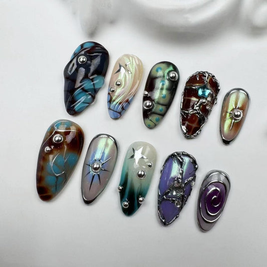 Cosmic Aurora Chrome Press-On Nails – Galaxy-Inspired 3D Metallic Nail Art Set