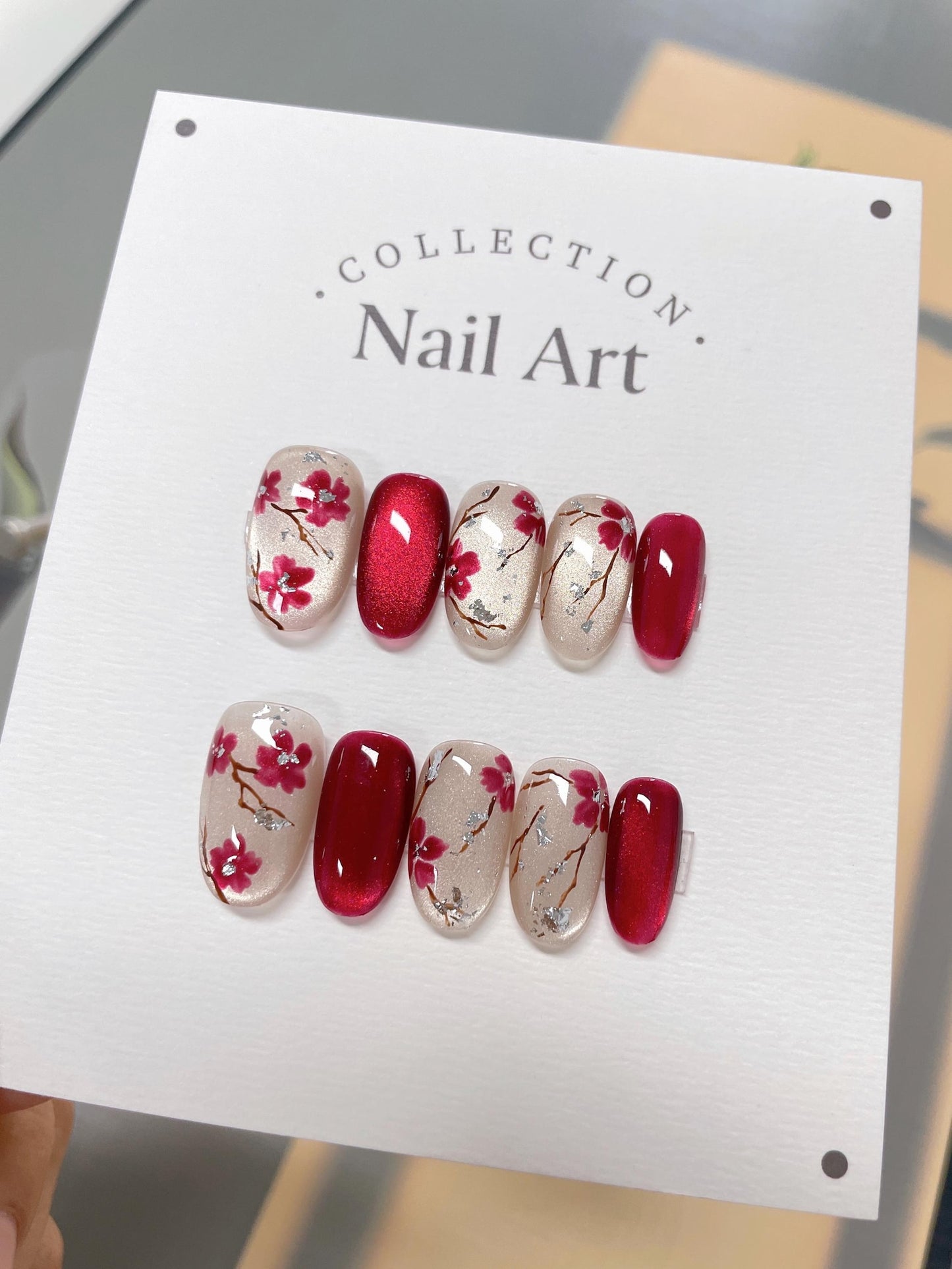 Red Cherry Blossom Press-On Nails | Japanese Sakura Nail Art Set | Handmade Elegant Floral Nails