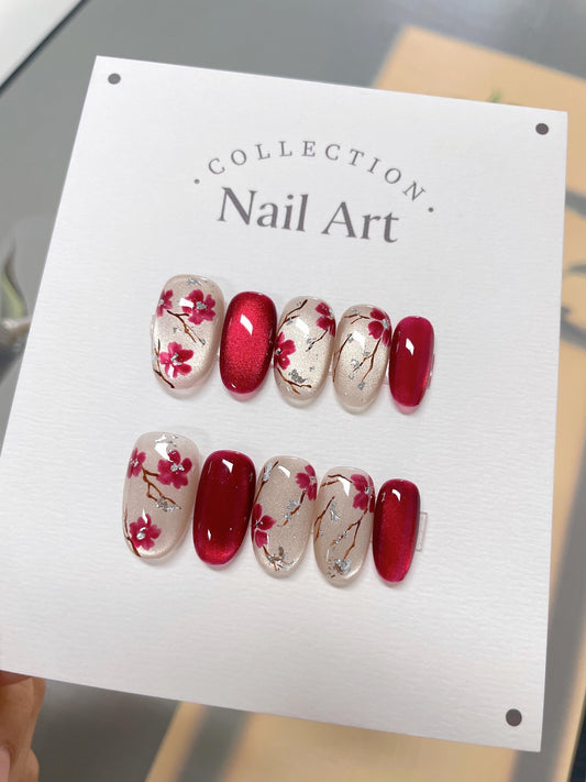 Red Cherry Blossom Press-On Nails | Japanese Sakura Nail Art Set | Handmade Elegant Floral Nails