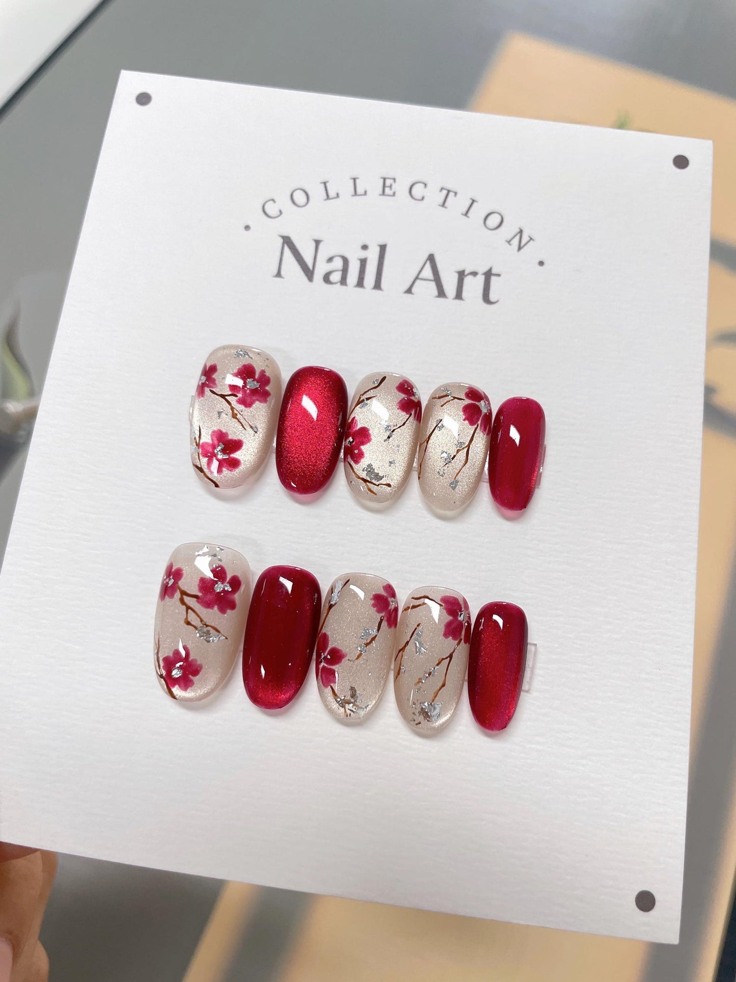 Red Cherry Blossom Press-On Nails | Japanese Sakura Nail Art Set | Handmade Elegant Floral Nails