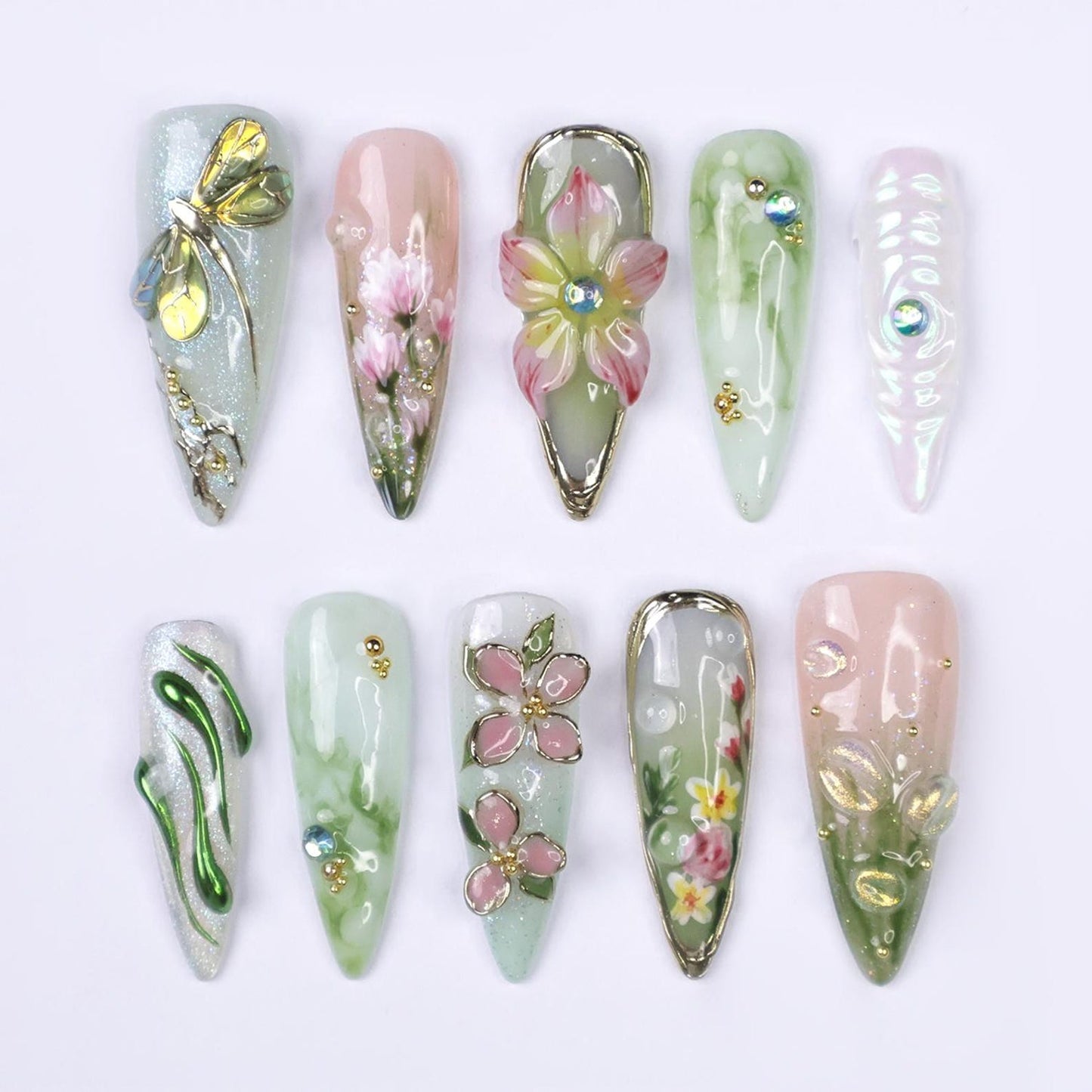 Enchanted Garden Bloom Press-On Nails – Handmade 3D Floral Fairycore Nail Set