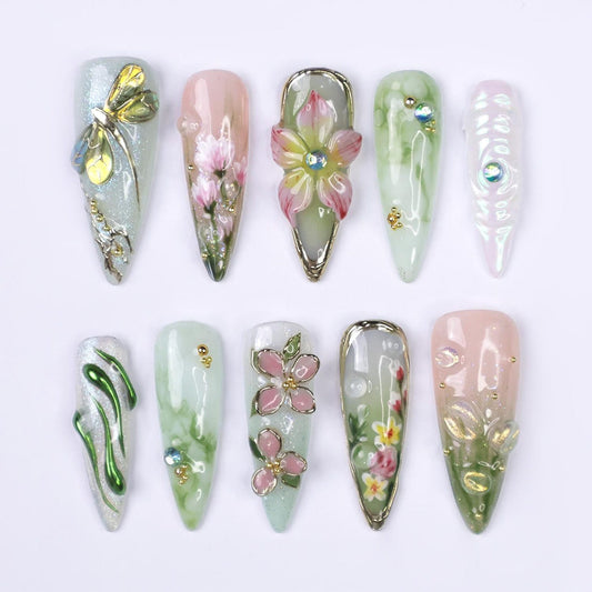Enchanted Garden Bloom Press-On Nails – Handmade 3D Floral Fairycore Nail Set