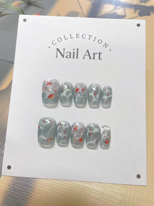 Koi Pond Press-On Nails – Handmade Translucent Aqua Goldfish Nail Art Set