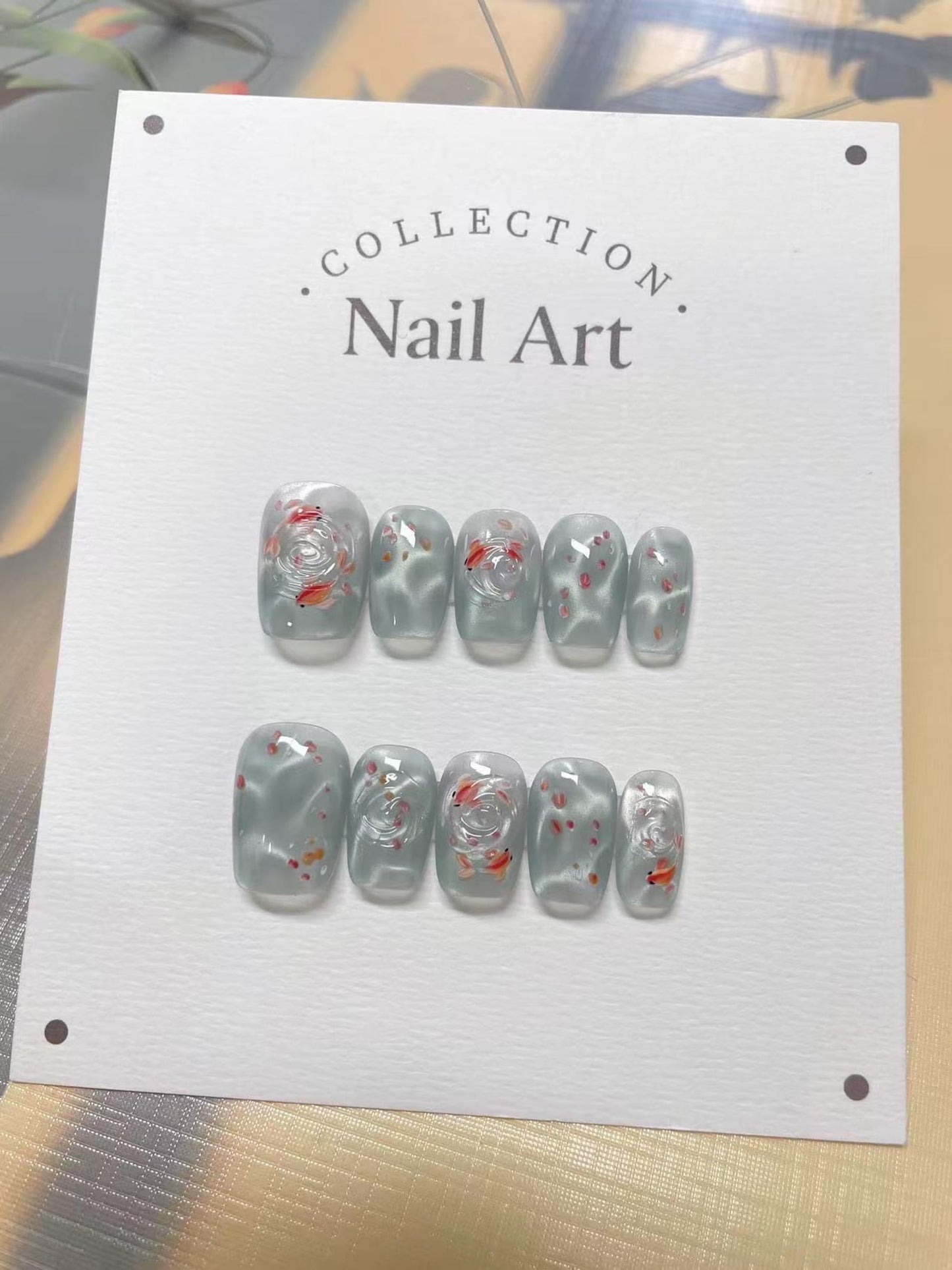 Koi Pond Press-On Nails – Handmade Translucent Aqua Goldfish Nail Art Set