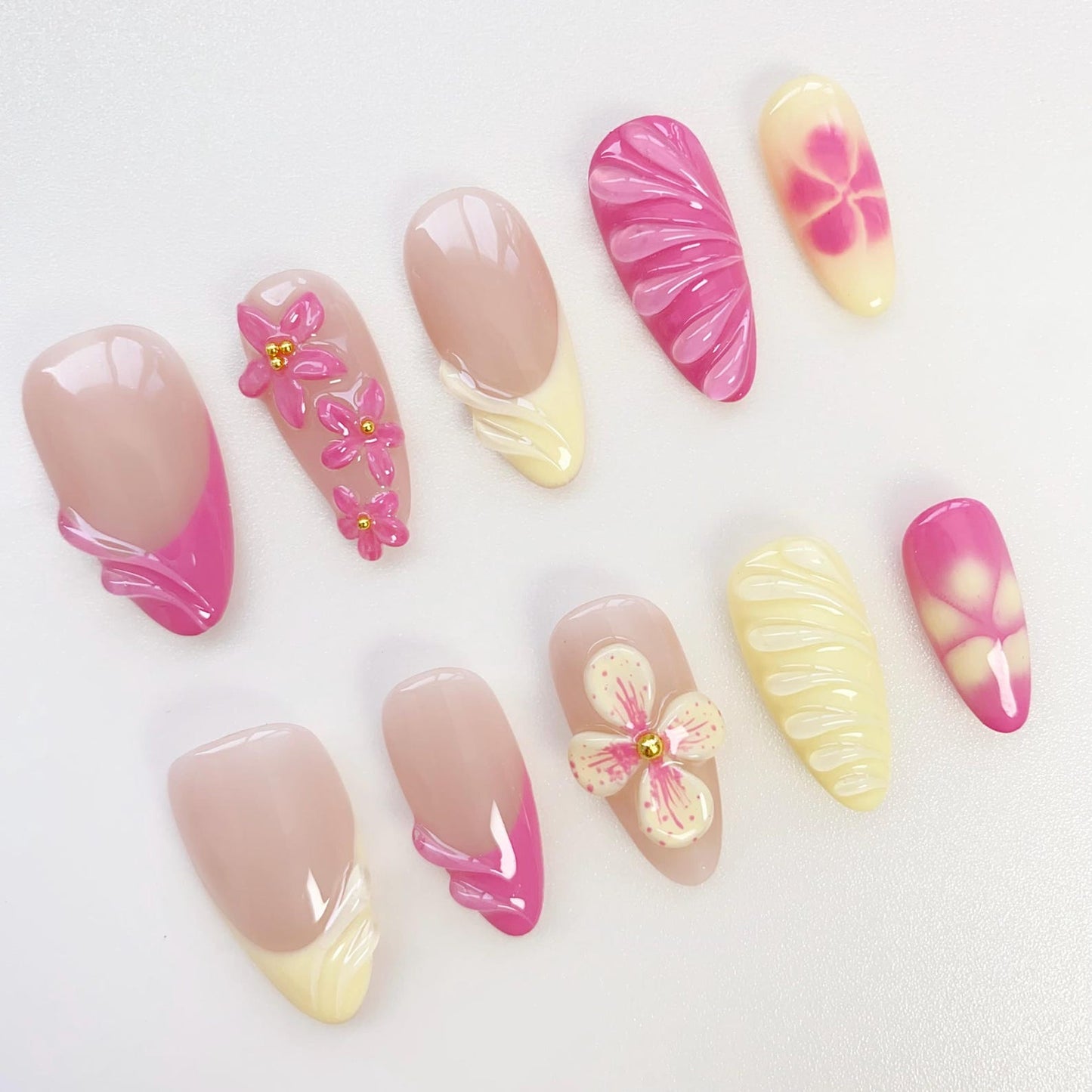Tropical Pink Hibiscus Press-On Nails | Summer Floral Nail Art Set | Handmade Pink & Yellow Vacation Nails