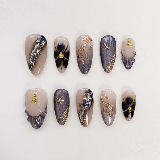 Luxury Galaxy Floral Press-On Nails – Handmade Black & Gold Glitter Nail Set | Elegant Reusable False Nails
