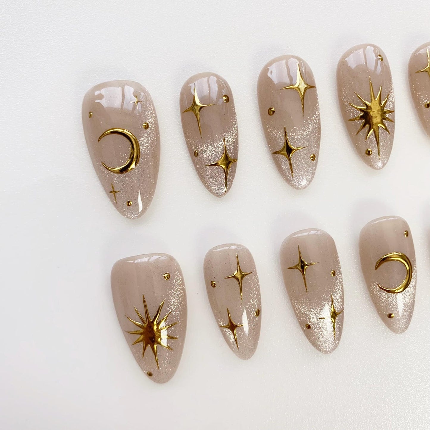 Celestial Gold Star Press-On Nails – Nude Shimmer Moon & Sun Nail Set | Elegant Almond Fake Nails | Handmade Reusable Nail Art