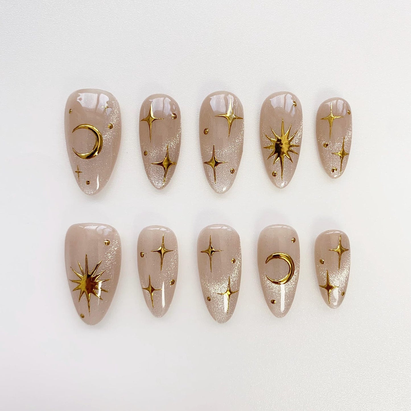 Celestial Gold Star Press-On Nails – Nude Shimmer Moon & Sun Nail Set | Elegant Almond Fake Nails | Handmade Reusable Nail Art