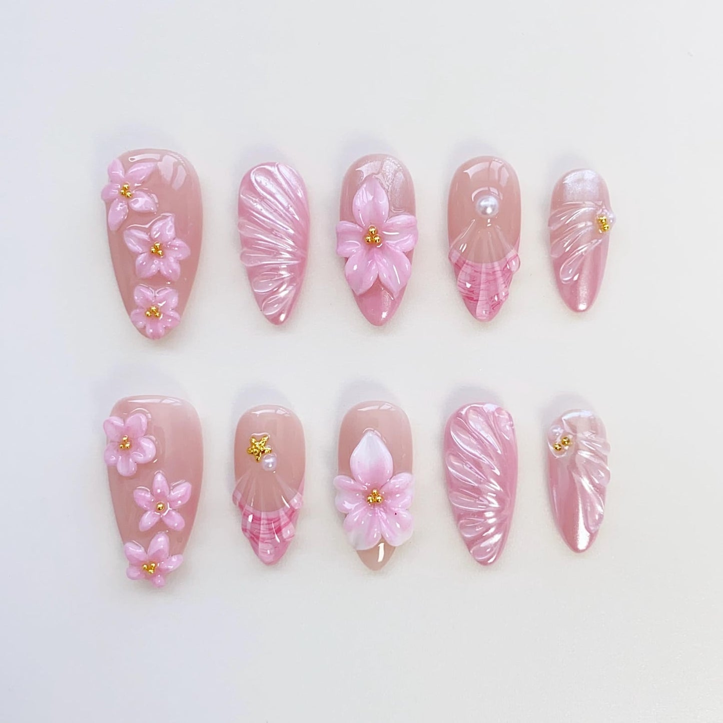 Cherry Blossom Pearl Handmade Press-On Nails | 3D Pink Floral Nail Art Set | Elegant Japanese-Inspired Nails