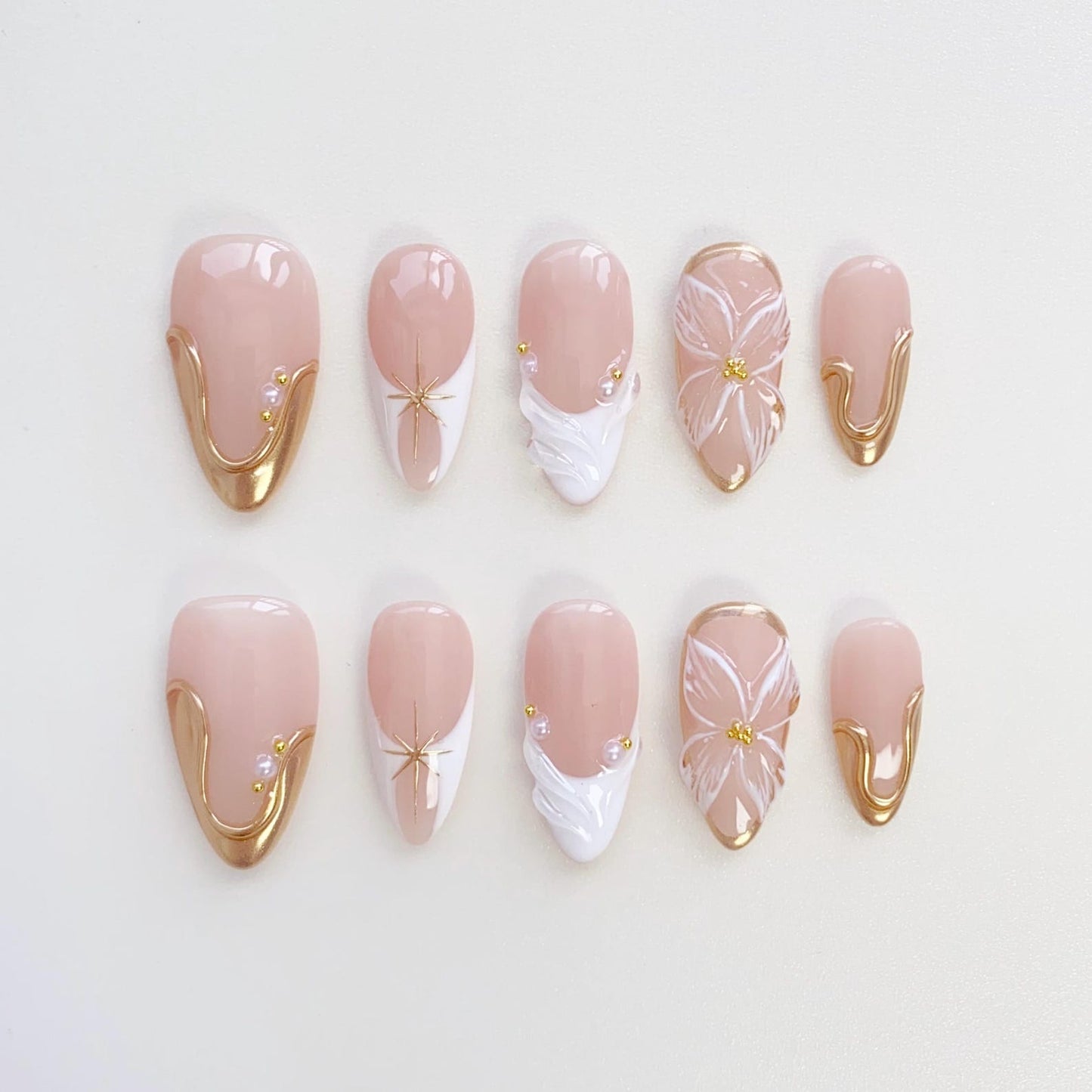 Luxury Blush Pink Press-On Nails with Gold Chrome Accents | 3D Floral Nail Art Set | Elegant Bridal & Wedding Nails