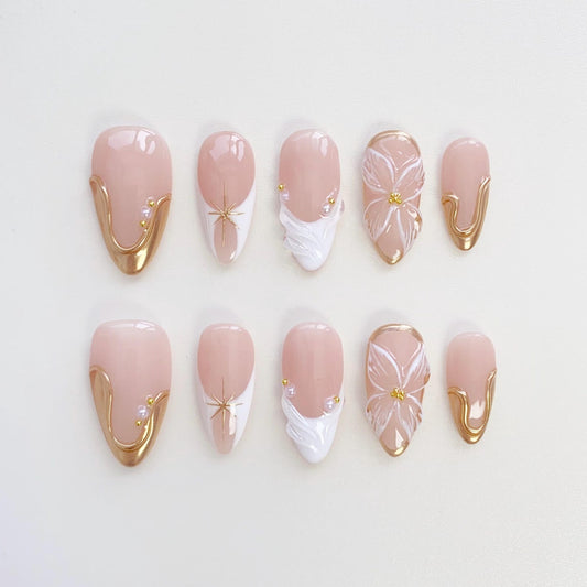 Luxury Blush Pink Press-On Nails with Gold Chrome Accents | 3D Floral Nail Art Set | Elegant Bridal & Wedding Nails