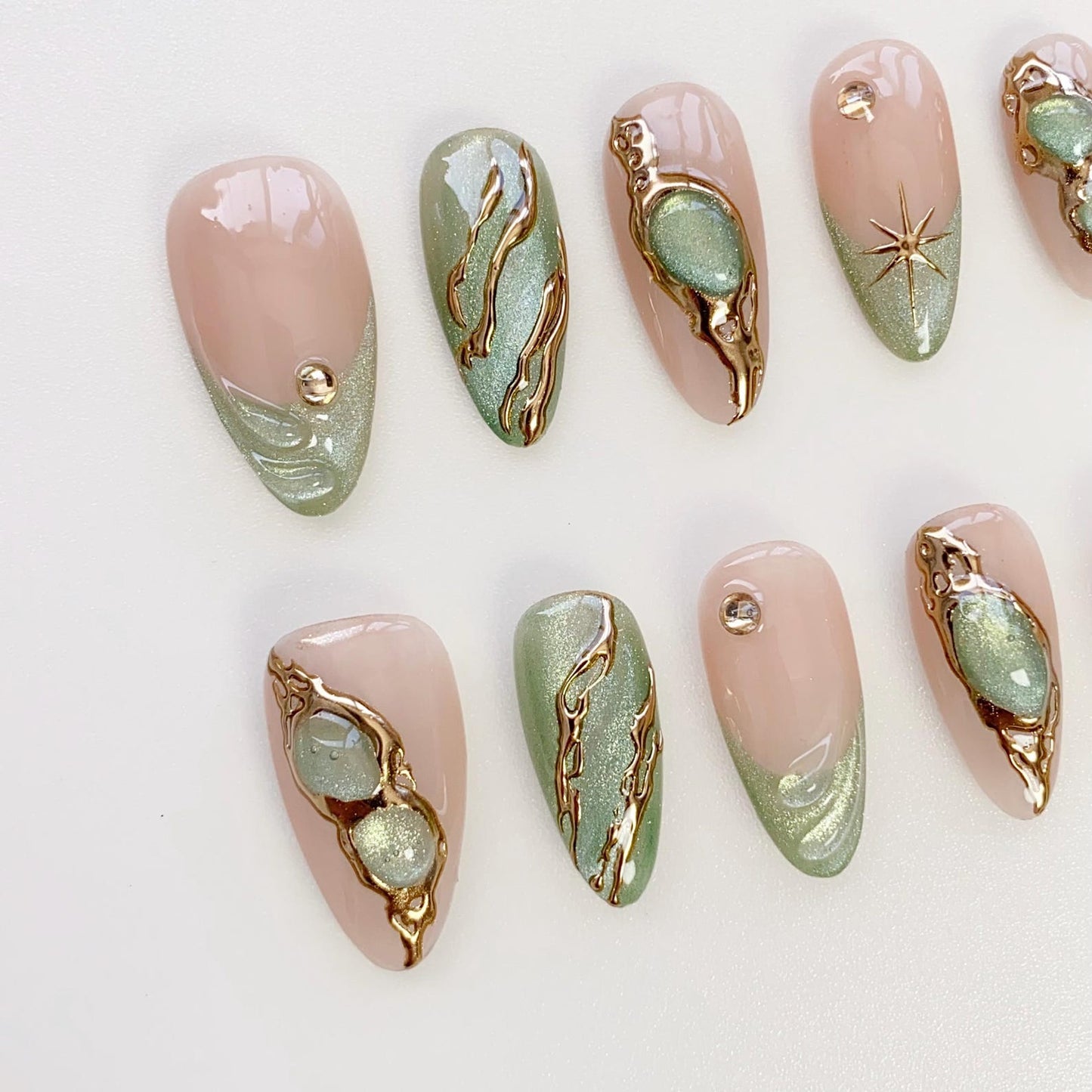 Sage Green Marble Press-On Nails – Luxury Gold Chrome Abstract Nail Set