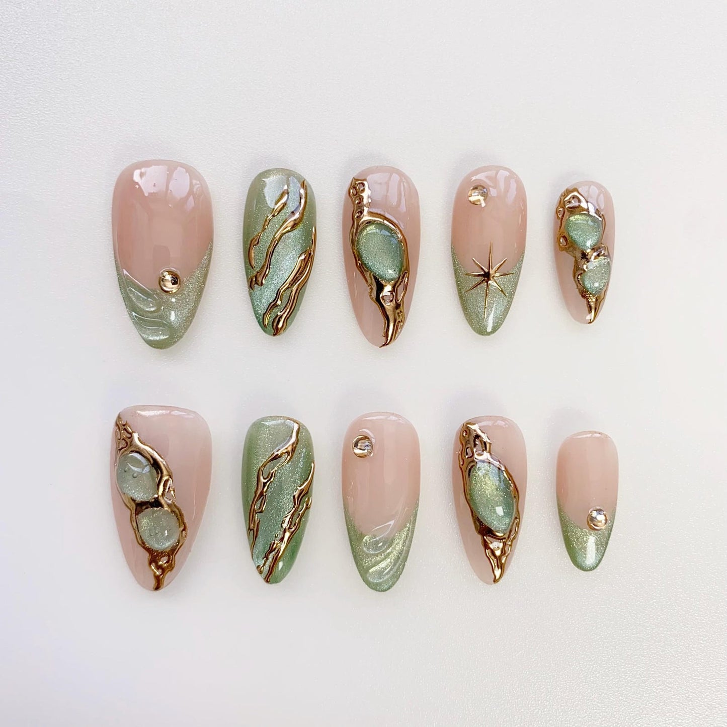 Sage Green Marble Press-On Nails – Luxury Gold Chrome Abstract Nail Set