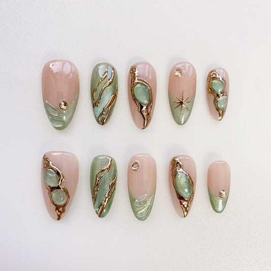 Sage Green Marble Press-On Nails – Luxury Gold Chrome Abstract Nail Set