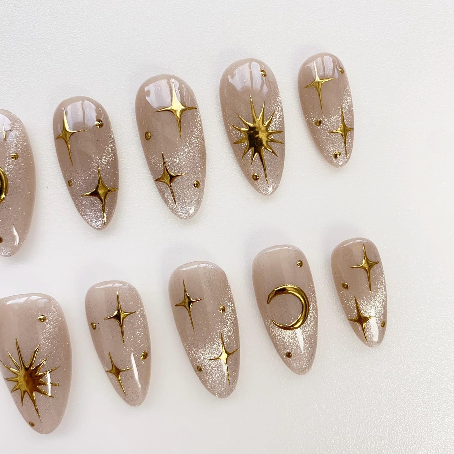 Celestial Gold Star Press-On Nails – Nude Shimmer Moon & Sun Nail Set | Elegant Almond Fake Nails | Handmade Reusable Nail Art