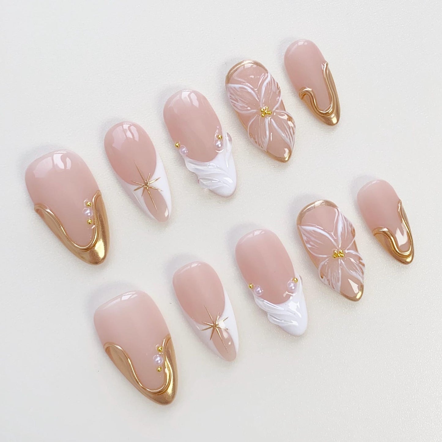 Luxury Blush Pink Press-On Nails with Gold Chrome Accents | 3D Floral Nail Art Set | Elegant Bridal & Wedding Nails
