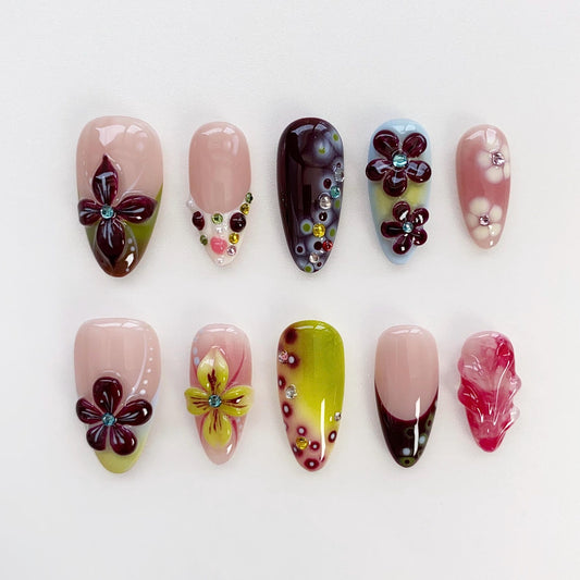 Blooming Berry Garden Press-On Nails – 3D Floral Jelly Nail Art Set