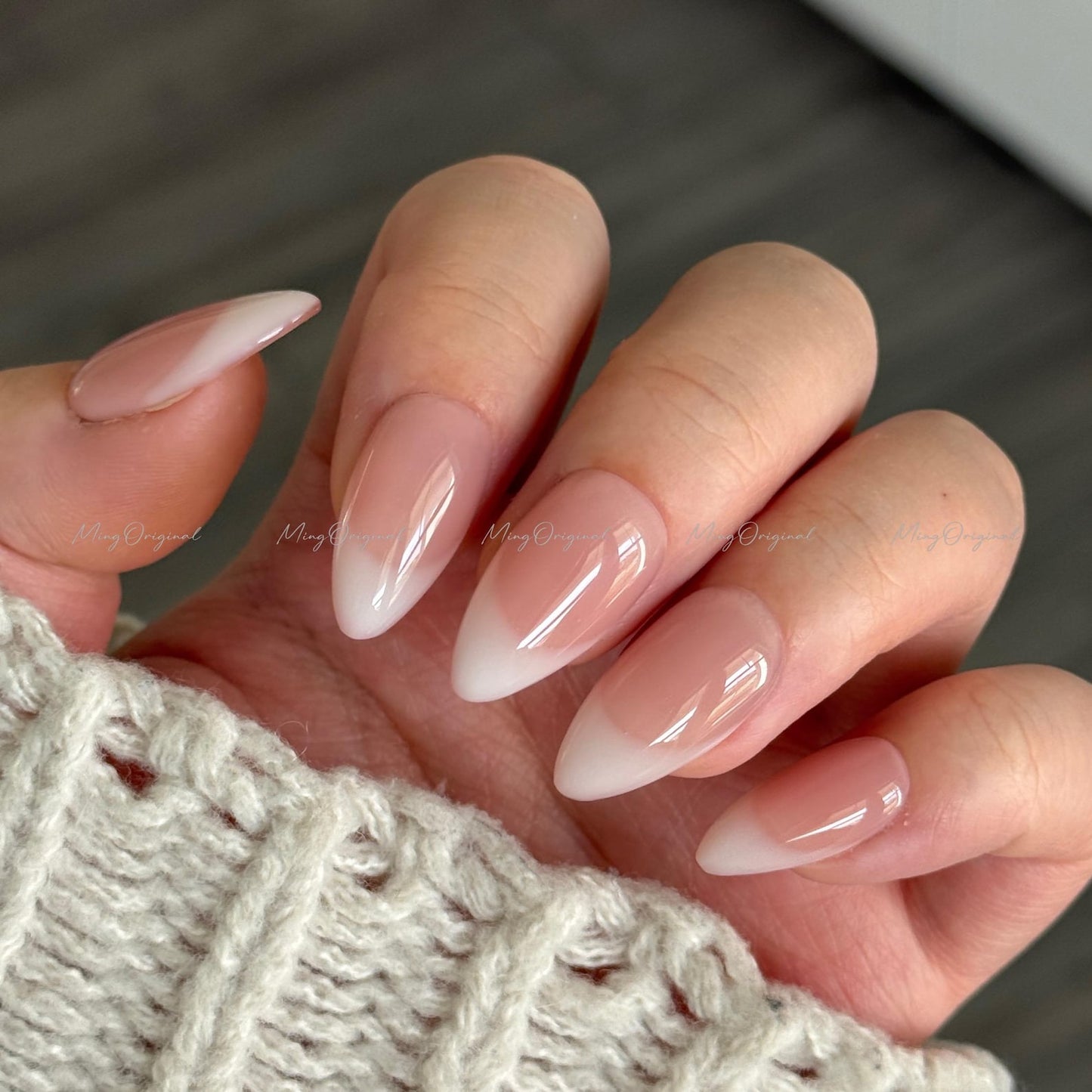 Milky White Ombre Almond Press-On Nails – Glossy Natural French Fade