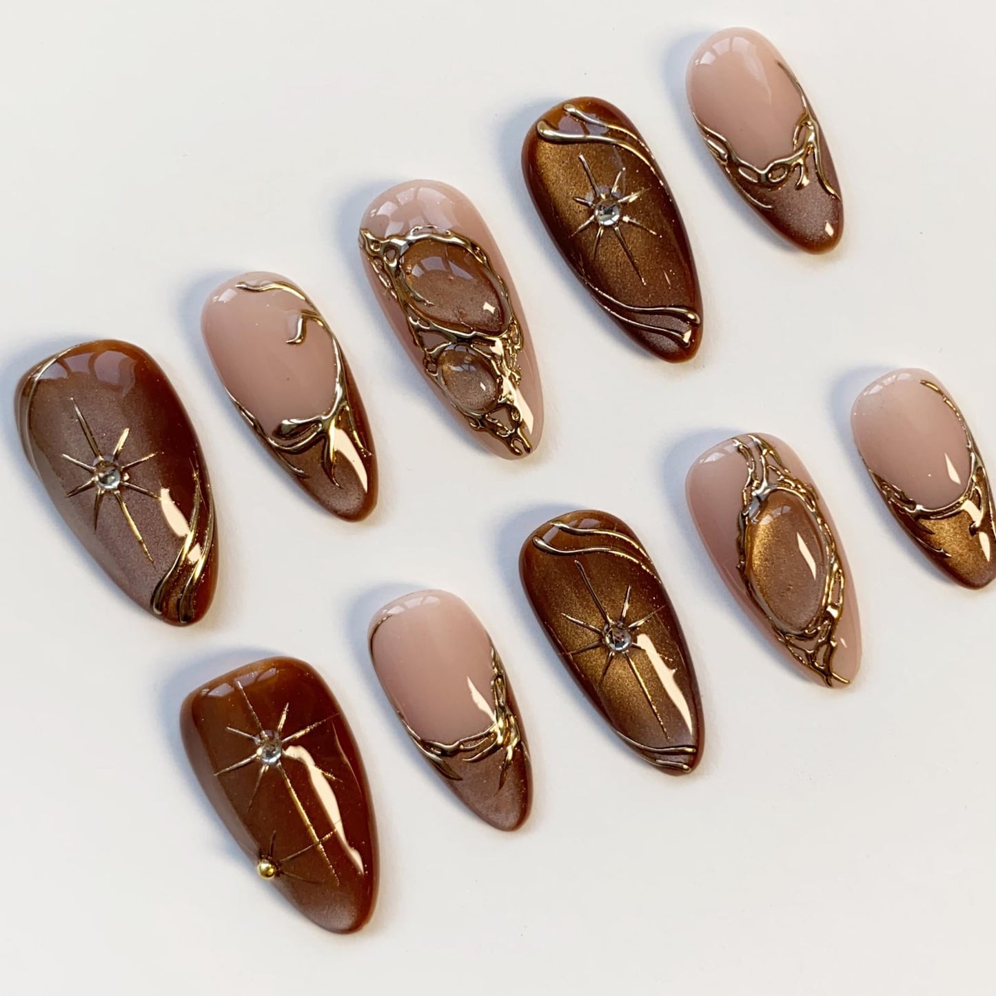 Elegant Brown Gold Press-On Nails – Luxury Nude Chrome Nail Set | Almond Shape Glossy Fake Nails | Handmade Reusable Nail Art
