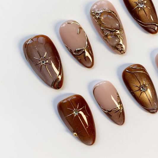Elegant Brown Gold Press-On Nails – Luxury Nude Chrome Nail Set | Almond Shape Glossy Fake Nails | Handmade Reusable Nail Art