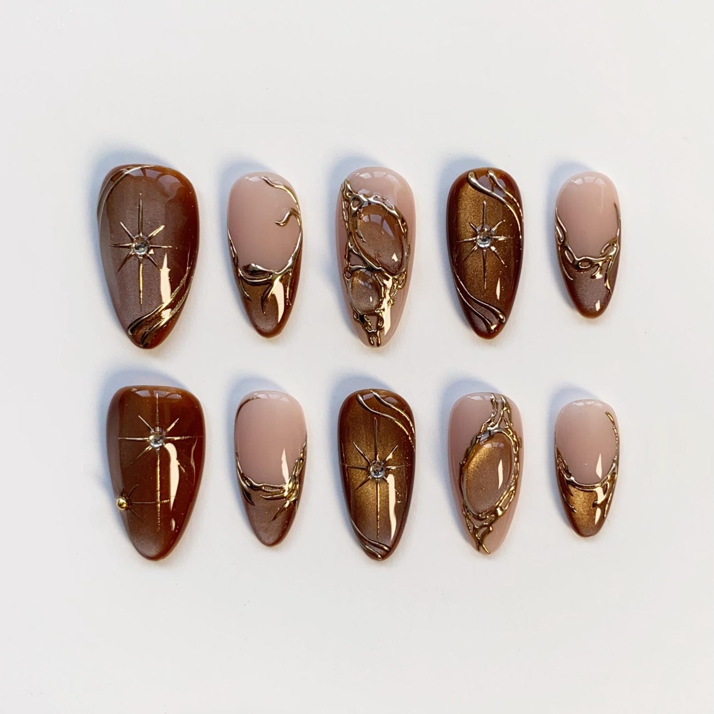 Elegant Brown Gold Press-On Nails – Luxury Nude Chrome Nail Set | Almond Shape Glossy Fake Nails | Handmade Reusable Nail Art
