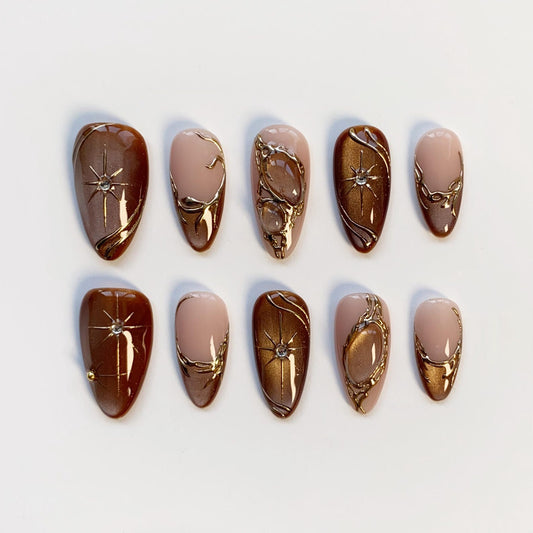 Elegant Brown Gold Press-On Nails – Luxury Nude Chrome Nail Set | Almond Shape Glossy Fake Nails | Handmade Reusable Nail Art