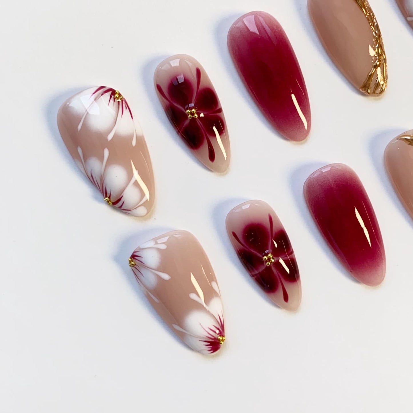 Crimson Blossom Press-On Nails – Handmade Red Floral Ombre Luxury Nail Set