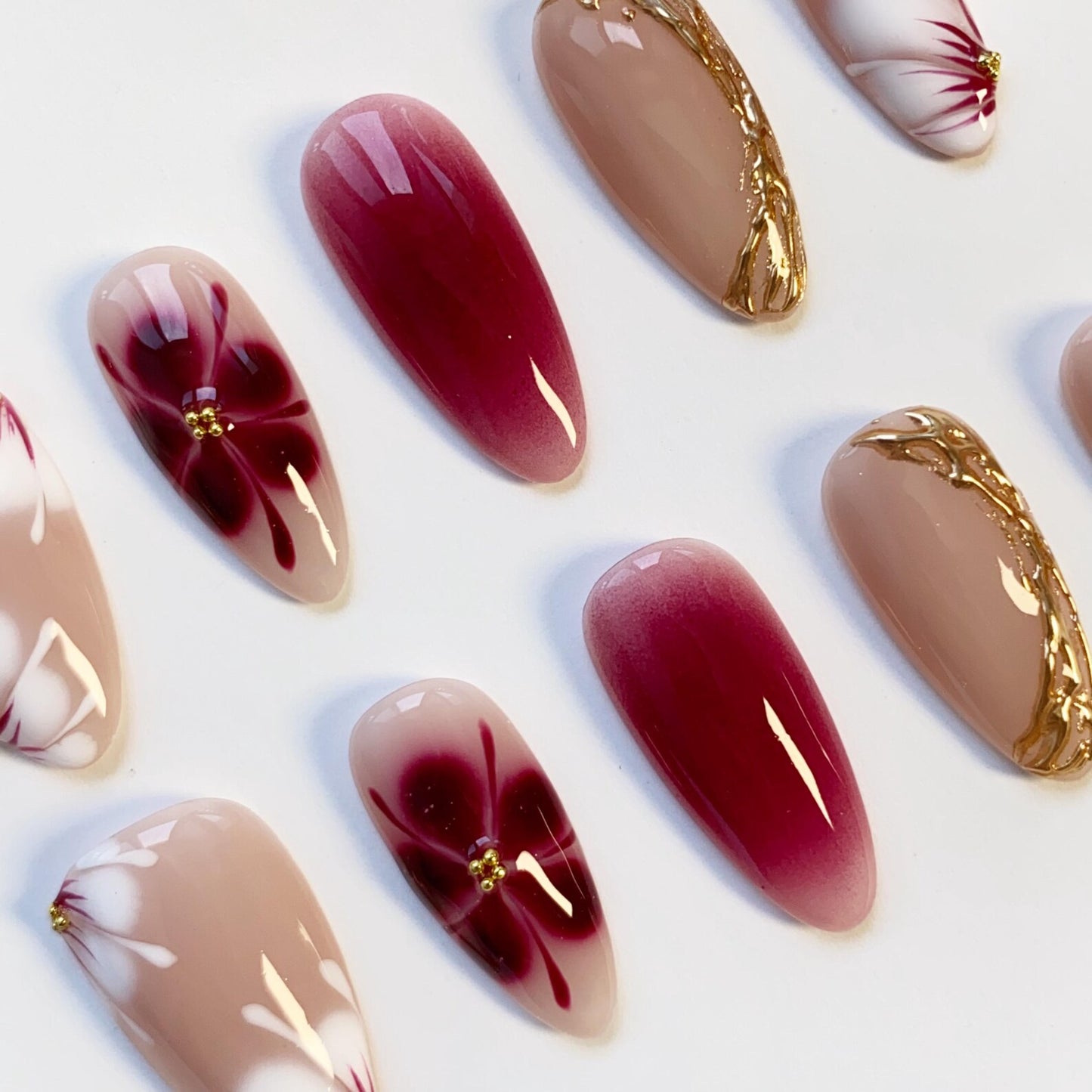Crimson Blossom Press-On Nails – Handmade Red Floral Ombre Luxury Nail Set