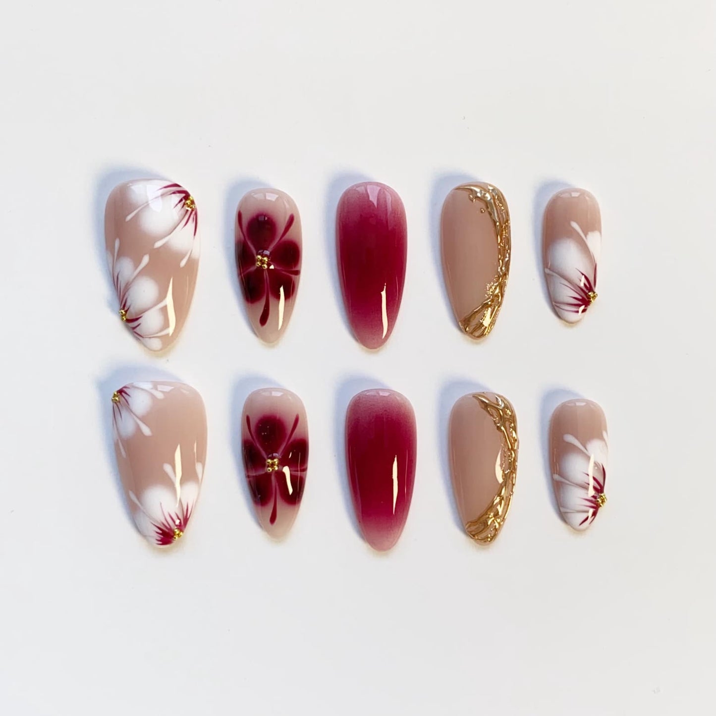 Crimson Blossom Press-On Nails – Handmade Red Floral Ombre Luxury Nail Set