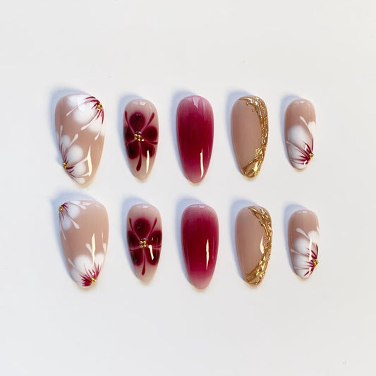 Crimson Blossom Press-On Nails – Handmade Red Floral Ombre Luxury Nail Set