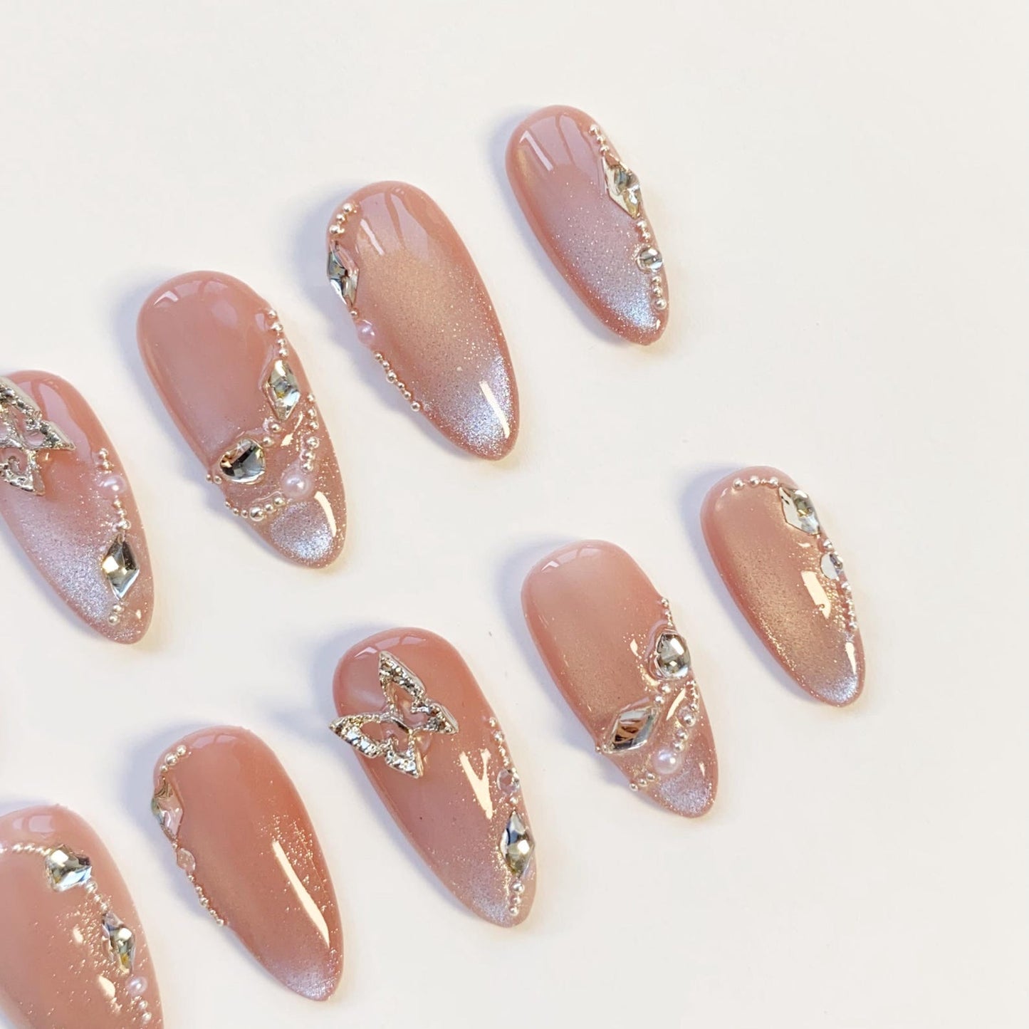 Luxury Nude Glitter Press-On Nails – Handmade Butterfly Rhinestone Nail Set | Elegant Reusable False Nails