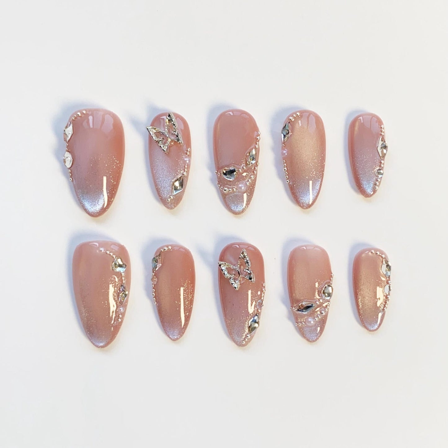 Luxury Nude Glitter Press-On Nails – Handmade Butterfly Rhinestone Nail Set | Elegant Reusable False Nails