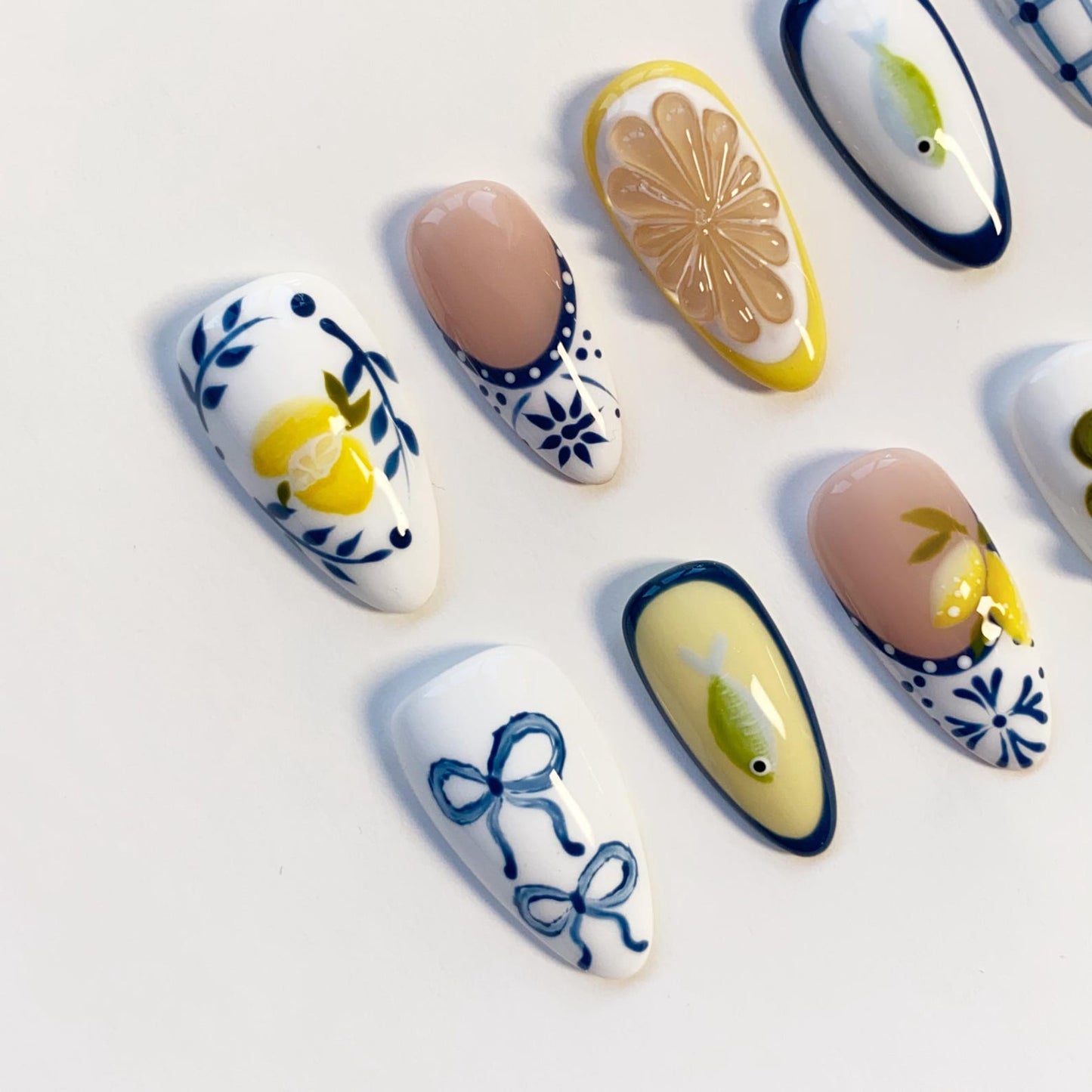Mediterranean Lemon & Olive Handmade Press-On Nails | Blue White Ceramic Nail Art Set | Summer Fruit Nail Design