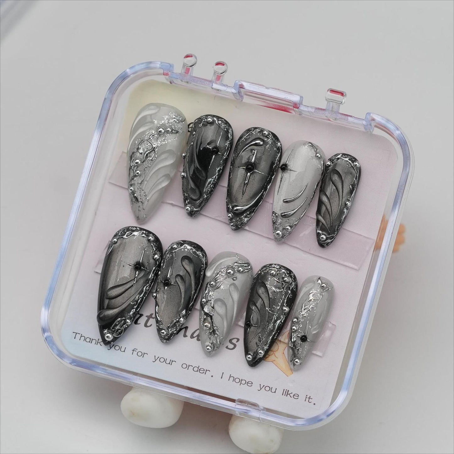 Luxury Black & Silver Chrome Press-On Nails – Gothic Glam Rhinestone Nail Set | Almond Shape Handmade Fake Nails | Reusable Statement Nails