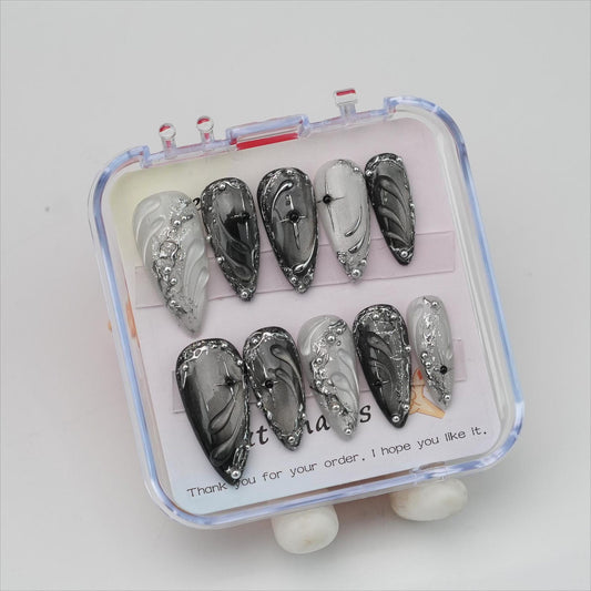 Luxury Black & Silver Chrome Press-On Nails – Gothic Glam Rhinestone Nail Set | Almond Shape Handmade Fake Nails | Reusable Statement Nails