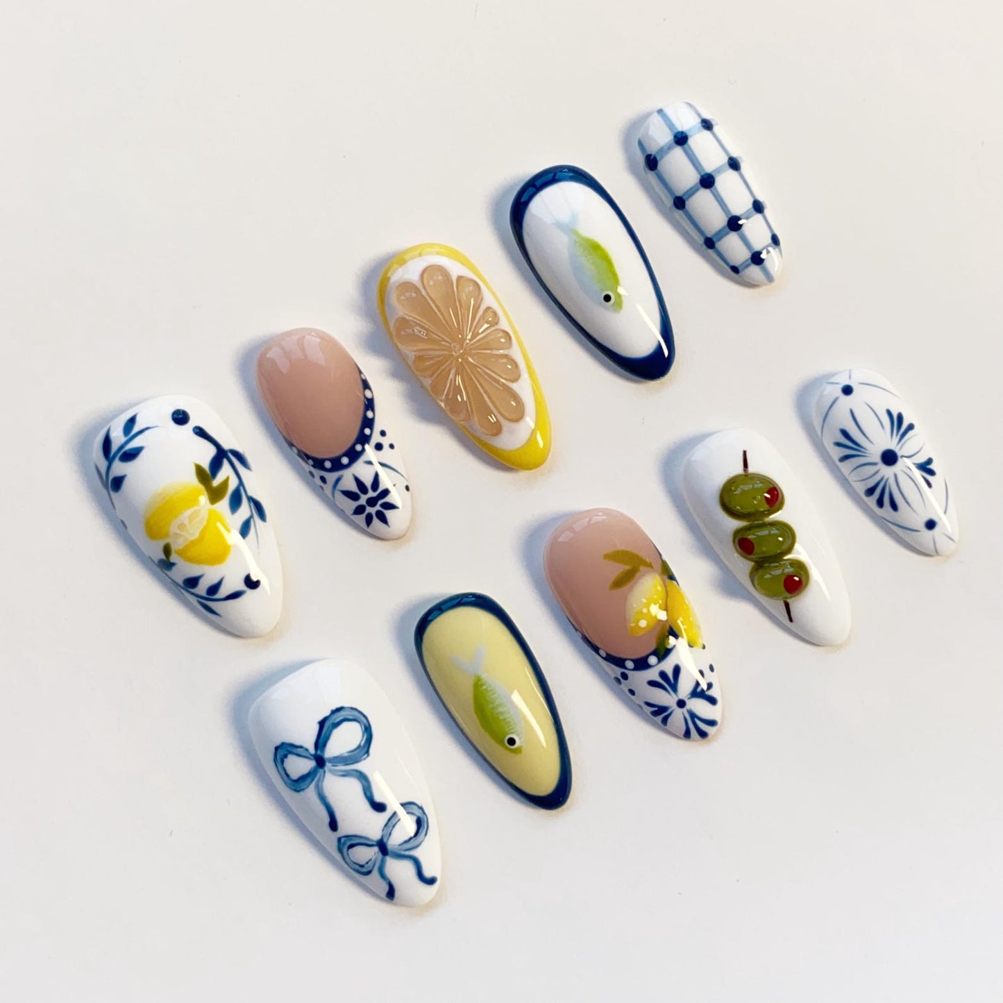 Mediterranean Lemon & Olive Handmade Press-On Nails | Blue White Ceramic Nail Art Set | Summer Fruit Nail Design