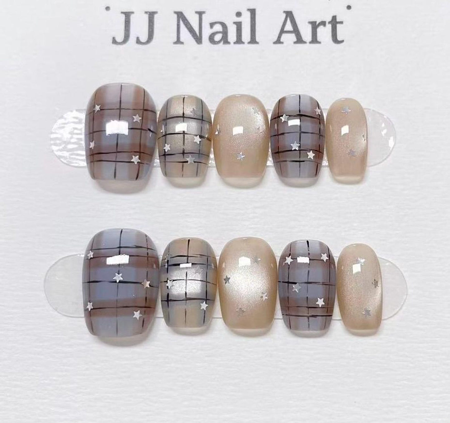 Moonlight Plaid Press-On Nails – Handmade Pearl Beige Plaid Star Nail Set