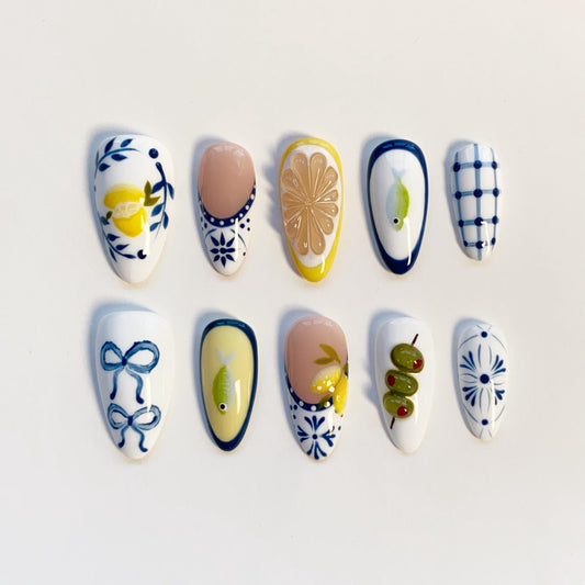 Mediterranean Lemon & Olive Handmade Press-On Nails | Blue White Ceramic Nail Art Set | Summer Fruit Nail Design