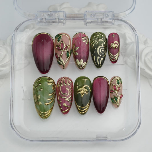 Vintage Botanical Burgundy Press-On Nails – Luxury Floral Gold Embossed Nail Art Set