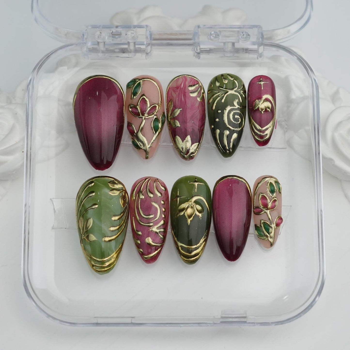 Burgundy & Olive Green Press-On Nails – Vintage Floral Gold Chrome Nail Set | Luxury Almond Fake Nails | Handmade Reusable Nail Art