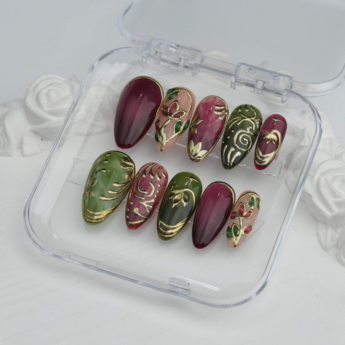Burgundy & Olive Green Press-On Nails – Vintage Floral Gold Chrome Nail Set | Luxury Almond Fake Nails | Handmade Reusable Nail Art